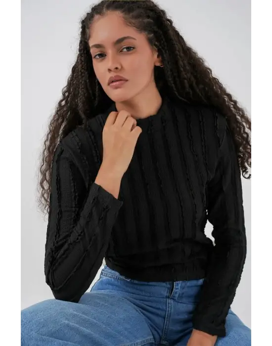 Dokulu Esnek Örme Bluz 975 - Siyah