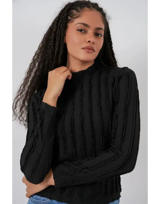 Dokulu Esnek Örme Bluz 975 - Siyah