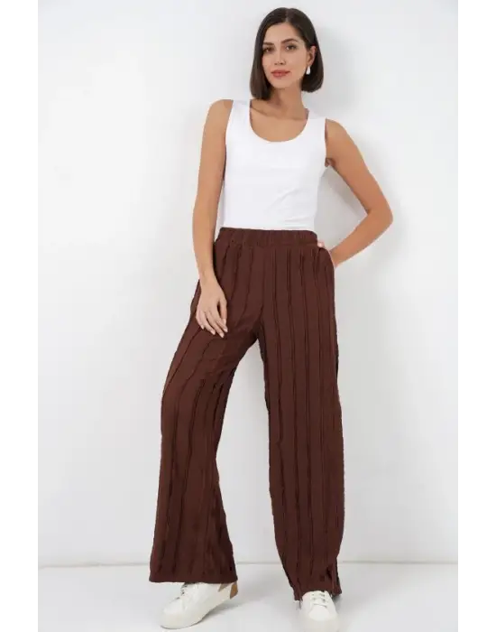 Dokulu Esnek Örme Pantolon 30077 - Kahverengi
