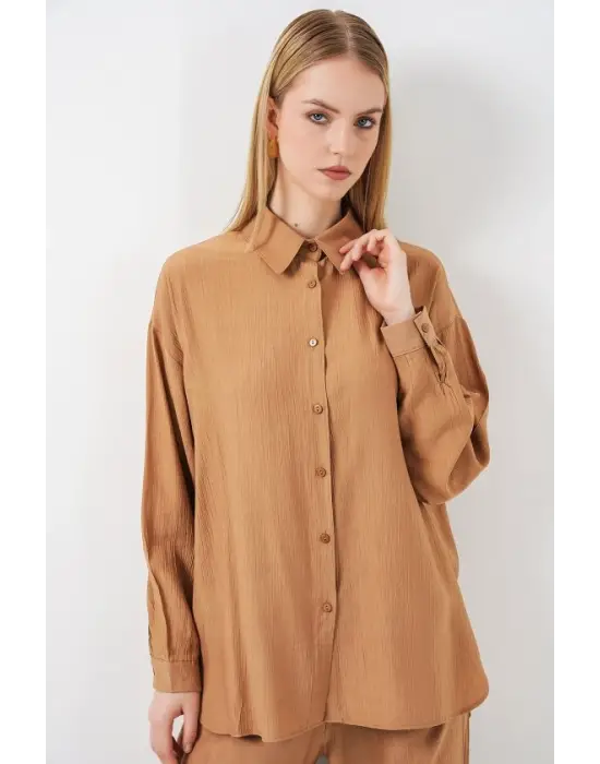 Dokulu Gömlek Pantolon İkili Takım 6710 - Camel