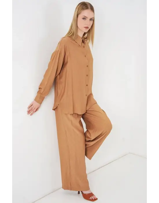 Dokulu Gömlek Pantolon İkili Takım 6710 - Camel