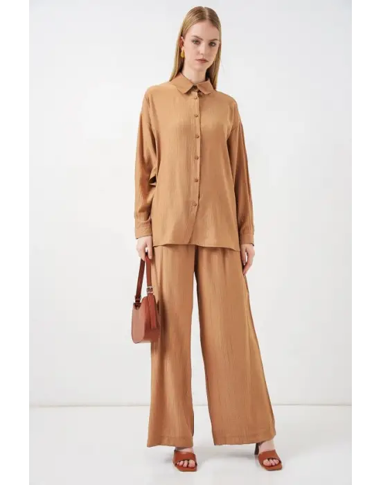 Dokulu Gömlek Pantolon İkili Takım 6710 - Camel