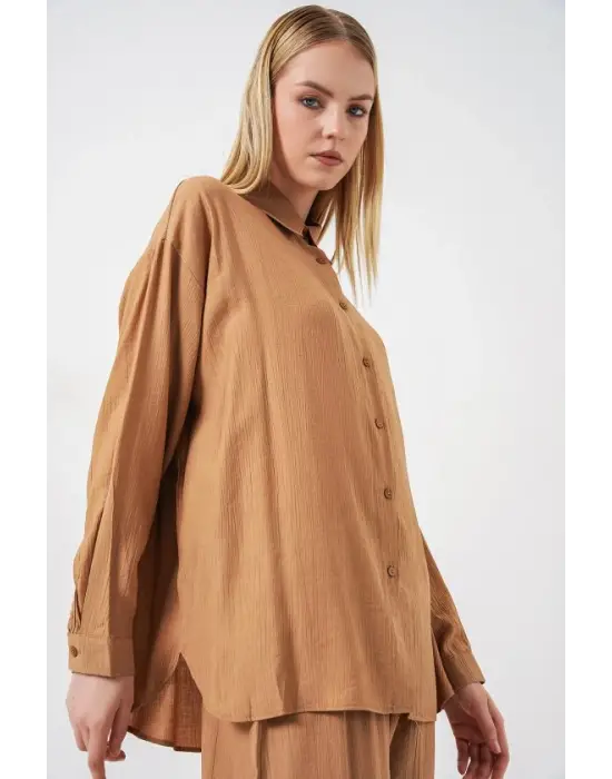 Dokulu Gömlek Pantolon İkili Takım 6710 - Camel