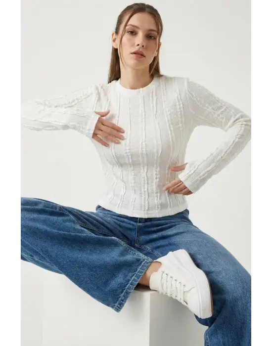 Dokulu Örme Bluz 980 - Beyaz