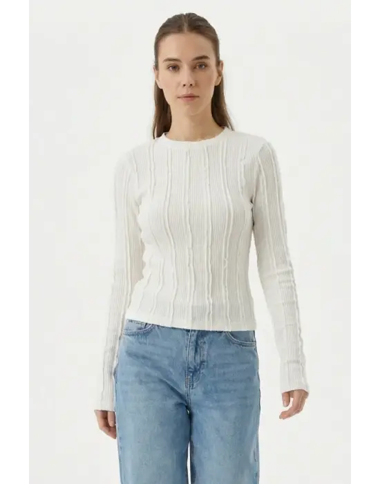 Dokulu Örme Bluz 980 - Beyaz