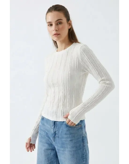 Dokulu Örme Bluz 980 - Beyaz