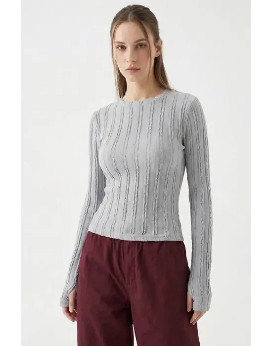 Dokulu Örme Bluz 980 - Gri