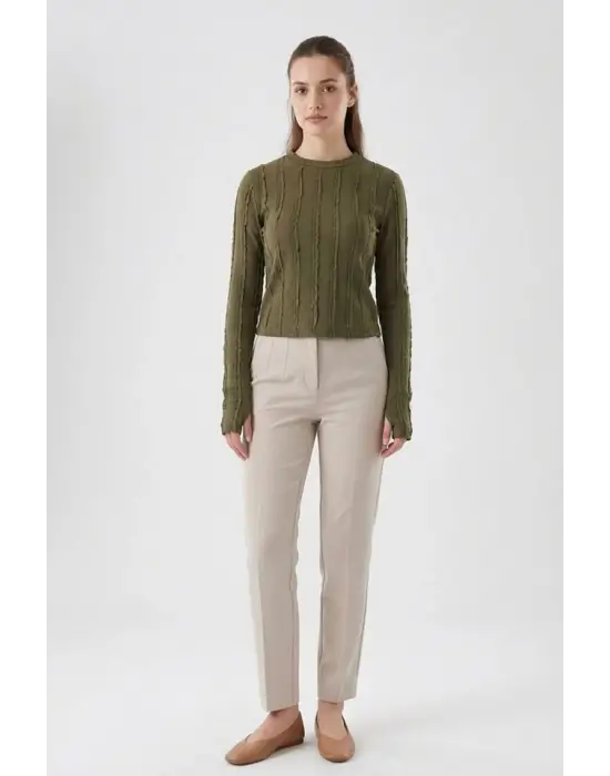 Dokulu Örme Bluz 980 - Haki
