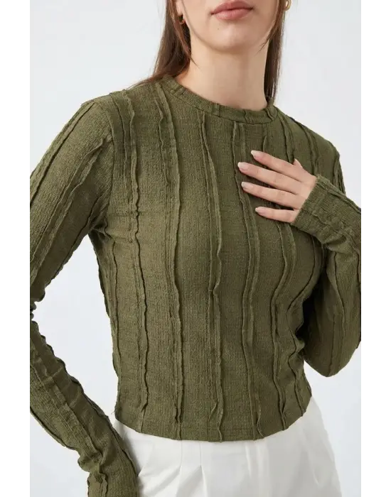 Dokulu Örme Bluz 980 - Haki