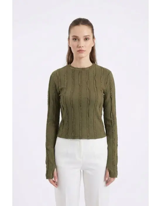 Dokulu Örme Bluz 980 - Haki