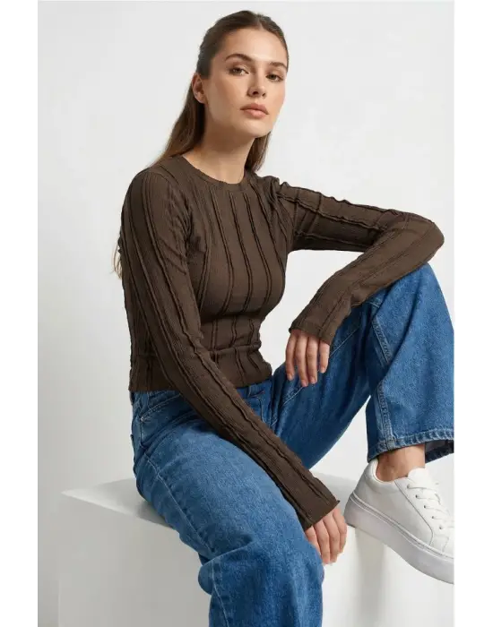 Dokulu Örme Bluz 980 - Kahverengi