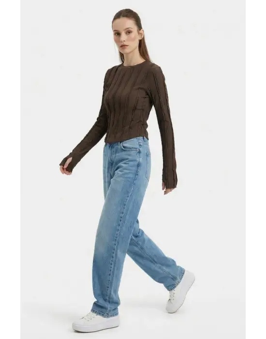 Dokulu Örme Bluz 980 - Kahverengi