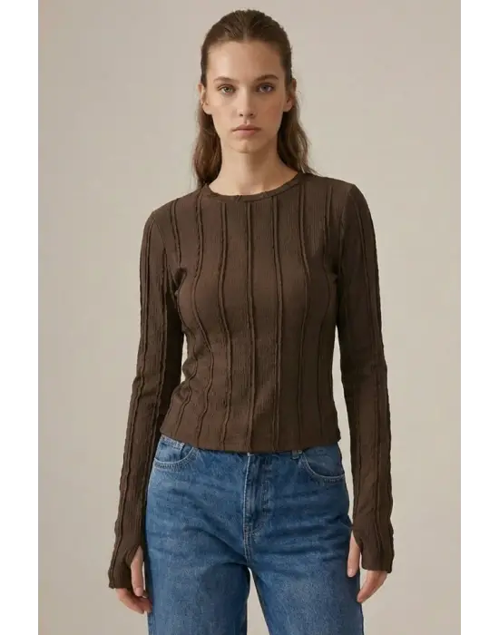 Dokulu Örme Bluz 980 - Kahverengi