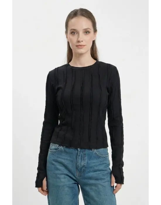 Dokulu Örme Bluz 980 - Siyah