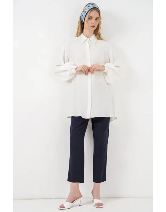 Dokulu Oversize Tunik 5989 - Beyaz