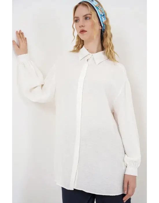 Dokulu Oversize Tunik 5989 - Beyaz