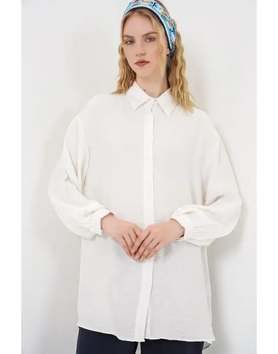 Dokulu Oversize Tunik 5989 - Beyaz