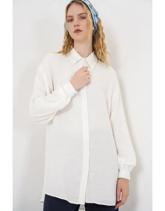 Dokulu Oversize Tunik 5989 - Beyaz