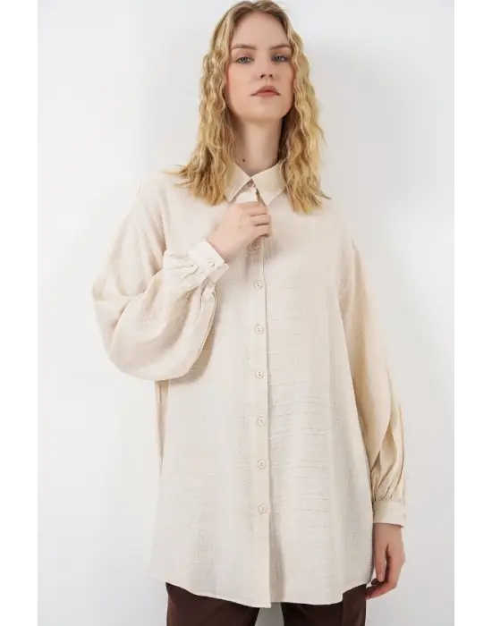 Dokulu Oversize Tunik 5989 - Krem
