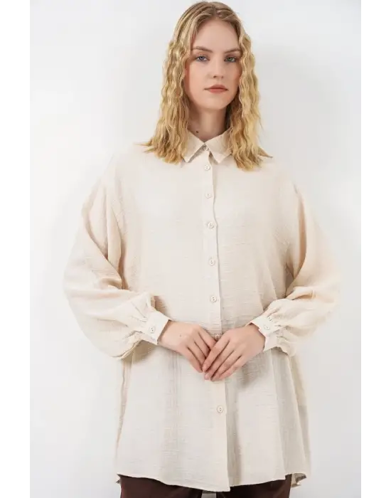 Dokulu Oversize Tunik 5989 - Krem