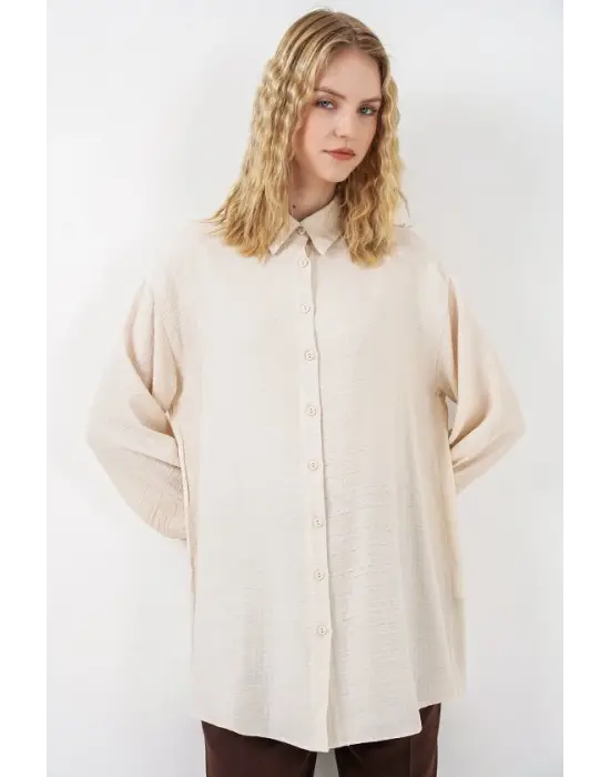 Dokulu Oversize Tunik 5989 - Krem