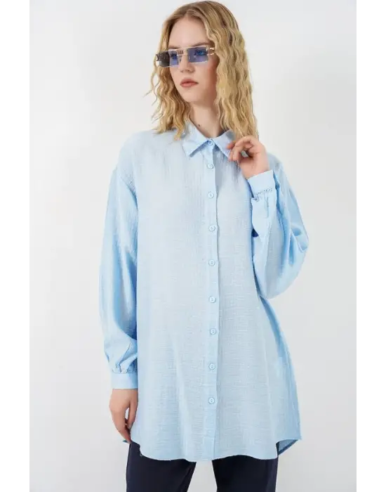 Dokulu Oversize Tunik 5989 - Mavi