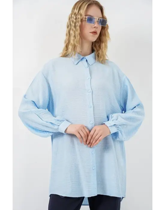 Dokulu Oversize Tunik 5989 - Mavi
