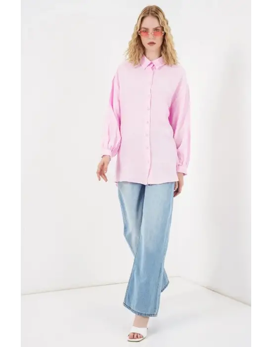 Dokulu Oversize Tunik 5989 - Pembe