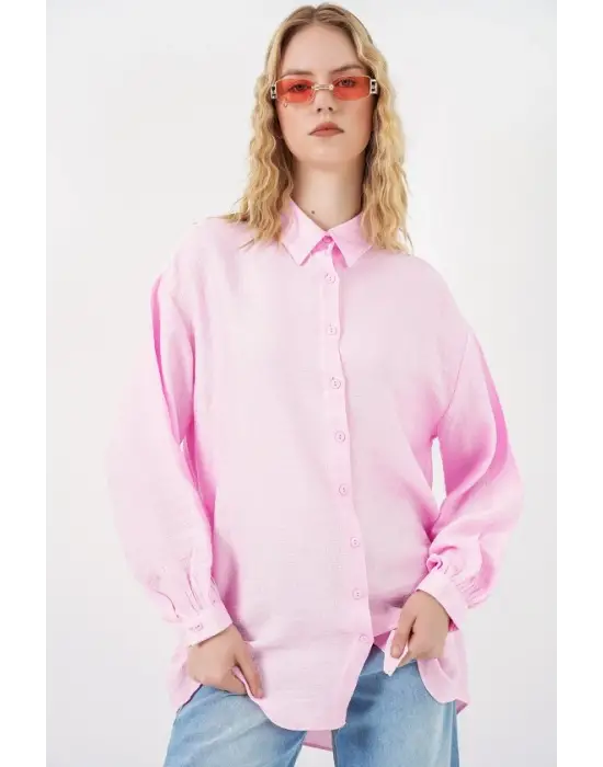 Dokulu Oversize Tunik 5989 - Pembe