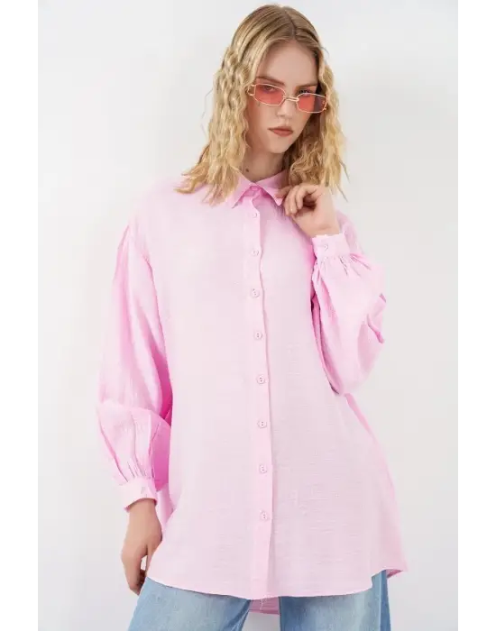 Dokulu Oversize Tunik 5989 - Pembe