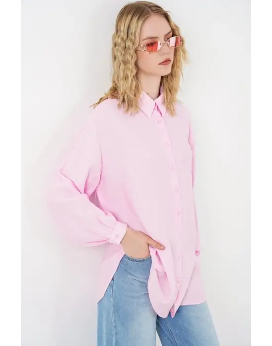 Dokulu Oversize Tunik 5989 - Pembe