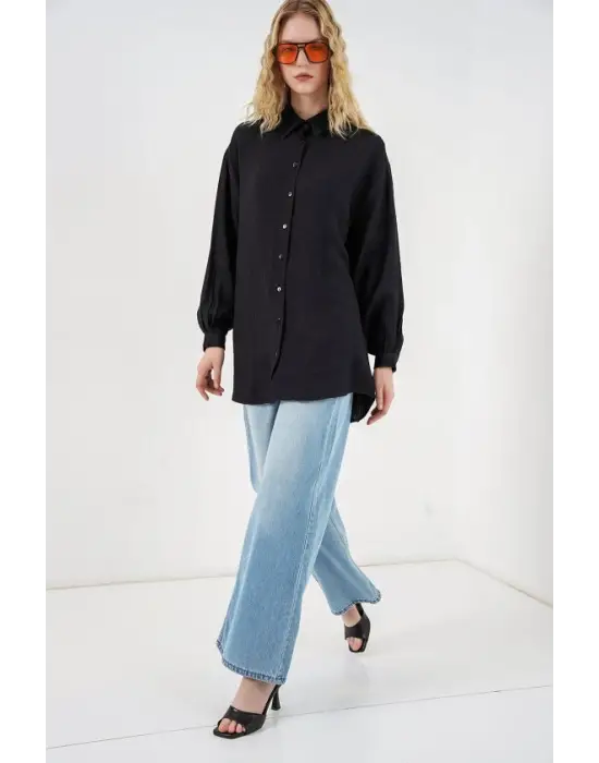 Dokulu Oversize Tunik 5989 - Siyah