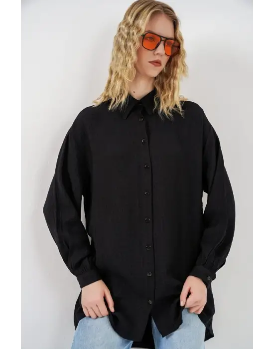 Dokulu Oversize Tunik 5989 - Siyah