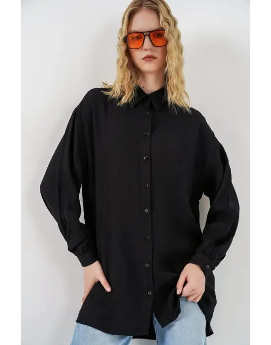 Dokulu Oversize Tunik 5989 - Siyah
