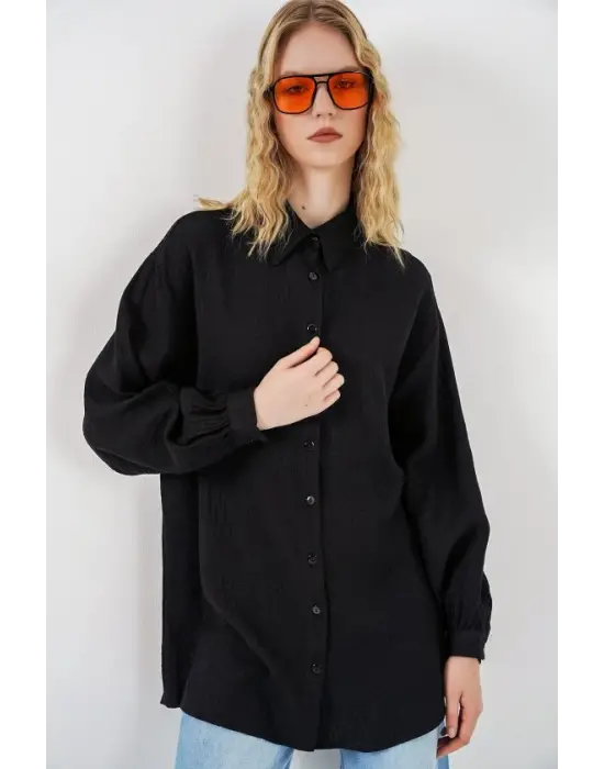 Dokulu Oversize Tunik 5989 - Siyah
