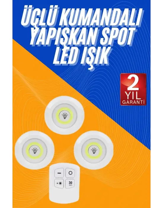 Dolap Işığı Mutfak Rafı Işığı Uzaktan Kumandalı 3 Lü Spot Led Lamba