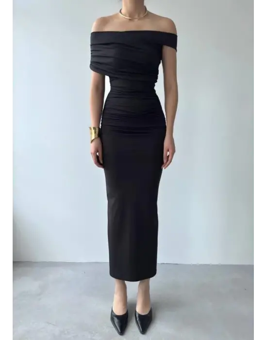 Omarı Straplez Midi Elbise