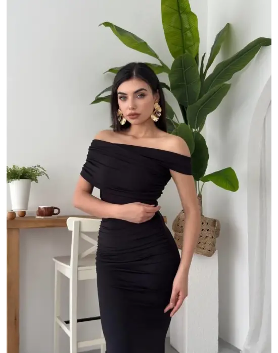 Omarı Straplez Midi Elbise