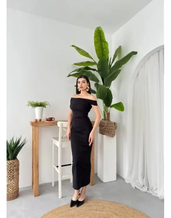 Omarı Straplez Midi Elbise