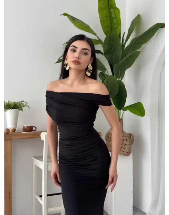 Omarı Straplez Midi Elbise