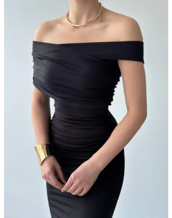 Omarı Straplez Midi Elbise