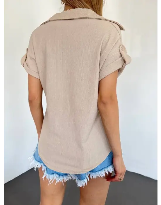 Duble Kol Tek Cepli Bürümcük Gömlek  -Bej