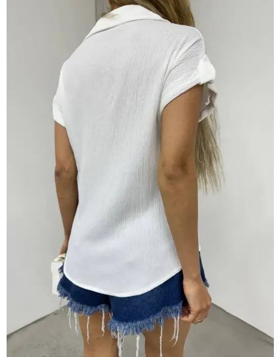 Omarı Duble Kol Tek Cepli Bürümcük Gömlek - Etkileyici Beyaz