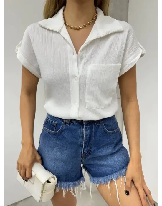 Omarı Duble Kol Tek Cepli Bürümcük Gömlek - Etkileyici Beyaz