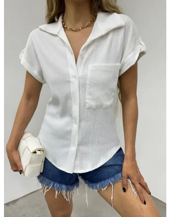 Duble Kol Tek Cepli Bürümcük Gömlek  -Beyaz