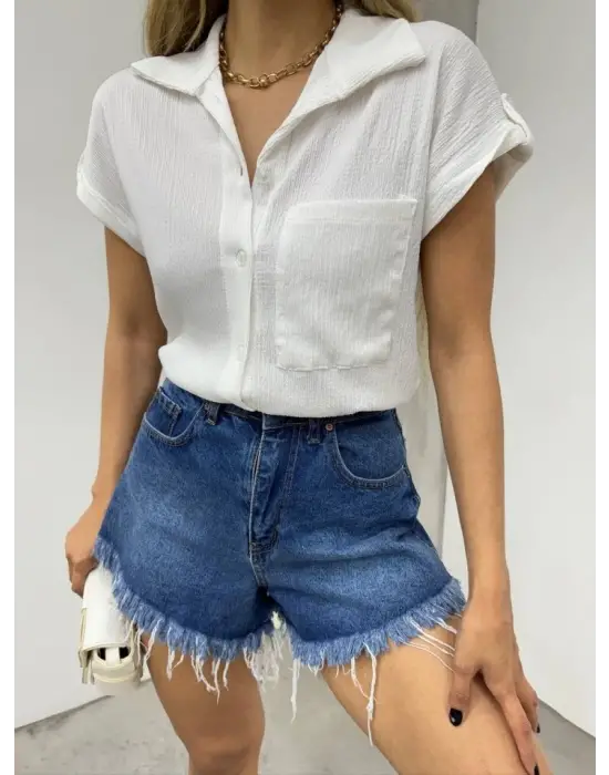 Duble Kol Tek Cepli Bürümcük Gömlek  -Beyaz