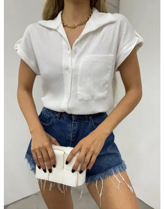 Duble Kol Tek Cepli Bürümcük Gömlek  -Beyaz