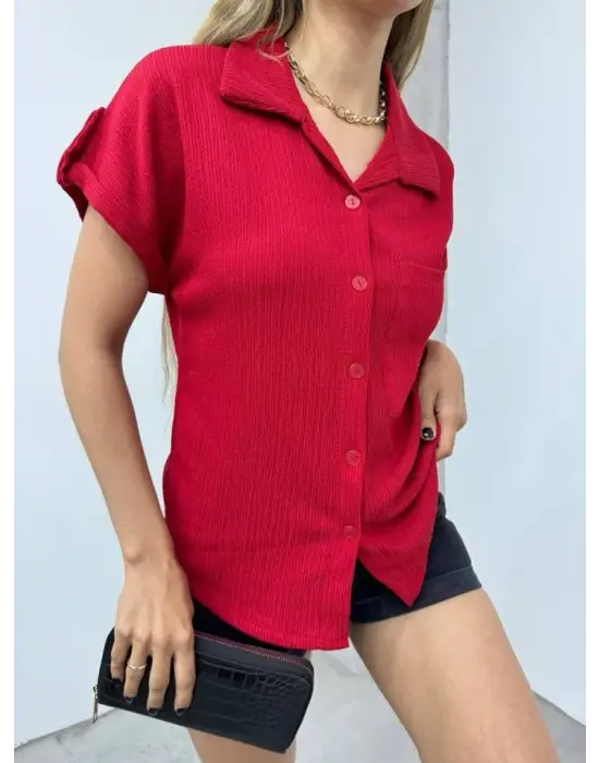 Omarı Bürümcük Detaylı Tek Kol Cepli Gömlek - Bordo