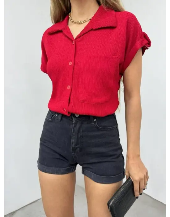 Duble Kol Tek Cepli Bürümcük Gömlek  -Bordo