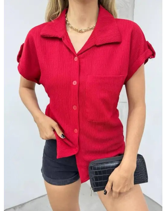 Omarı Bürümcük Detaylı Tek Kol Cepli Gömlek - Bordo